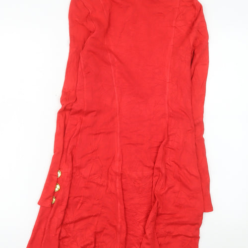 Next Women Red Knee Length Shift Dress Size 8 Long Sleeve Button Detail