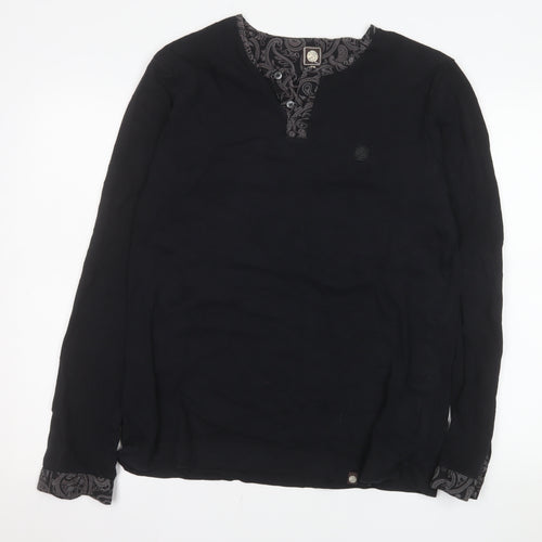 Pretty Green Men's Black Cotton Long Sleeve Henley Shirt M