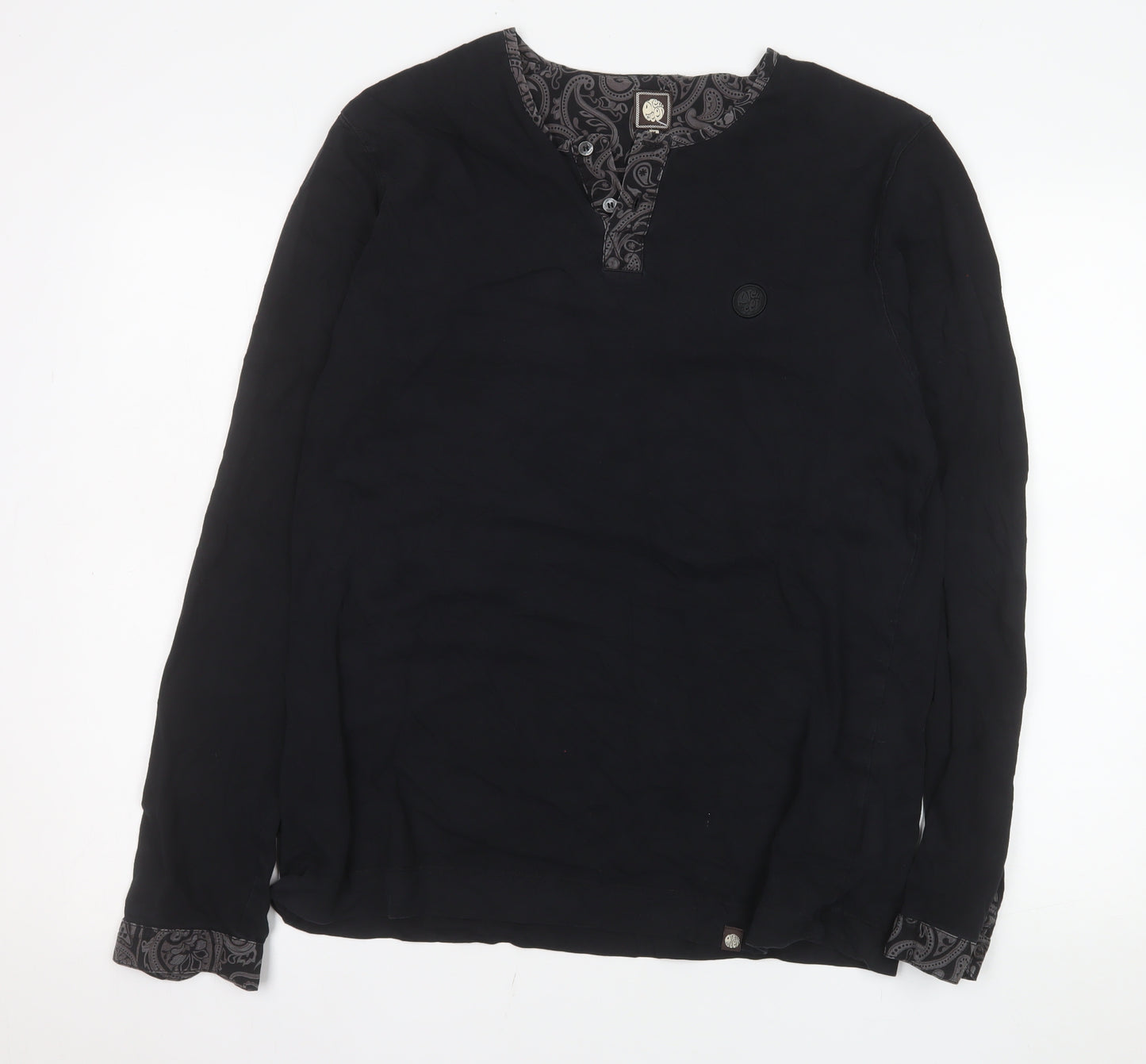Pretty Green Men's Black Cotton Long Sleeve Henley Shirt M