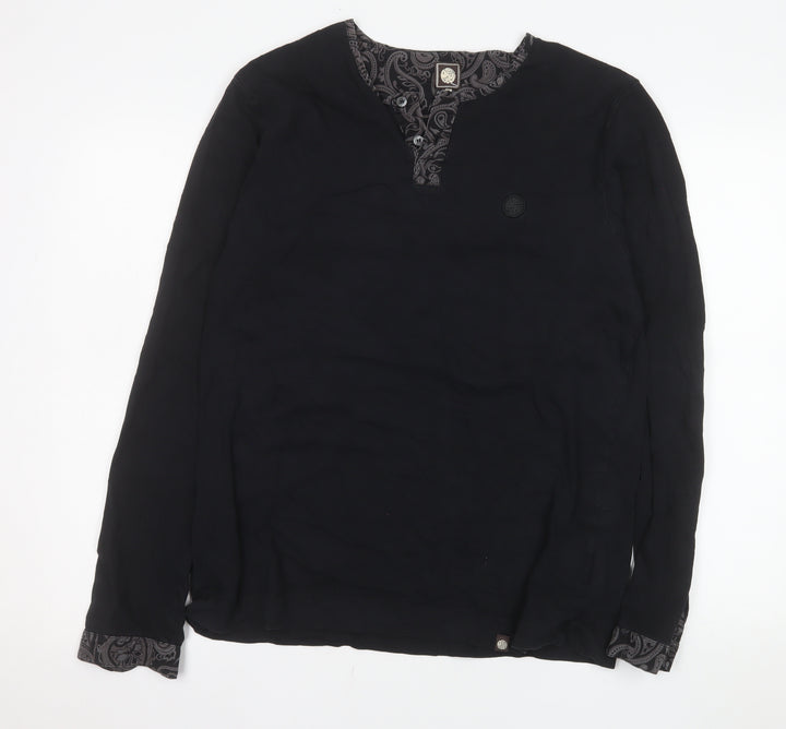 Pretty Green Men's Black Cotton Long Sleeve Henley Shirt M