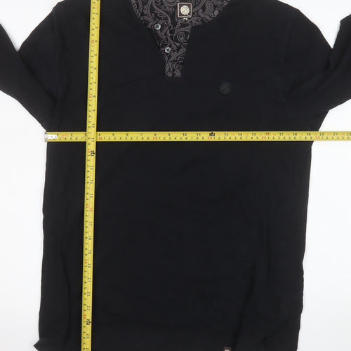 Pretty Green Men's Black Cotton Long Sleeve Henley Shirt M