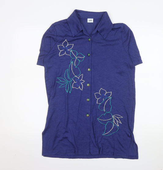 Lucia Women’s Blue Cotton Embroidered Button-Up Shirt Size 10