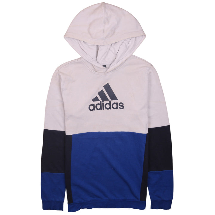 Adidas Boys Beige Blue Pullover Hoodie Logo Print Size 13-14 Years