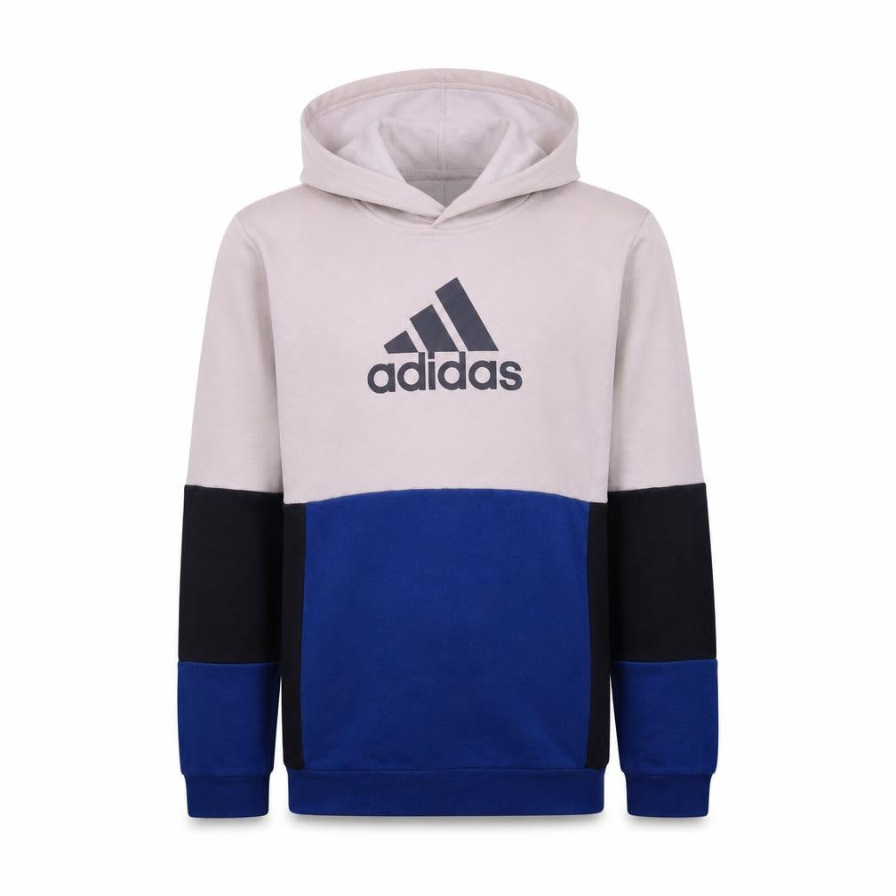 Front view of Adidas boys’ beige blue pullover hoodie logo print, size 13-14, years