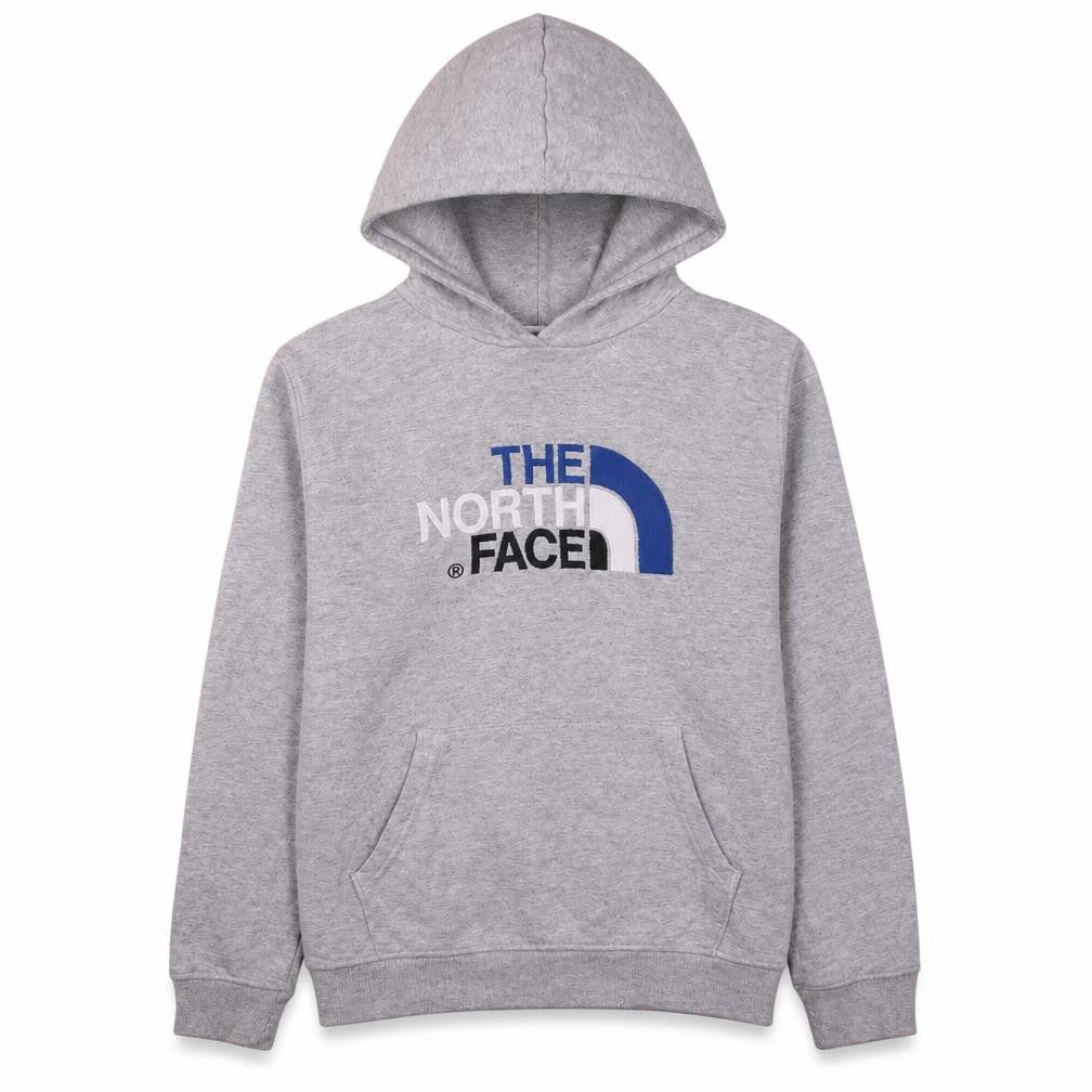 Front view of The North Face boys’ grey xl pullover hoodie with logo print
