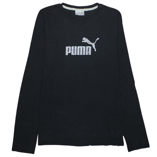 Puma Boys Black Long Sleeve Crew Neck Sports Logo Cotton T-Shirt XS