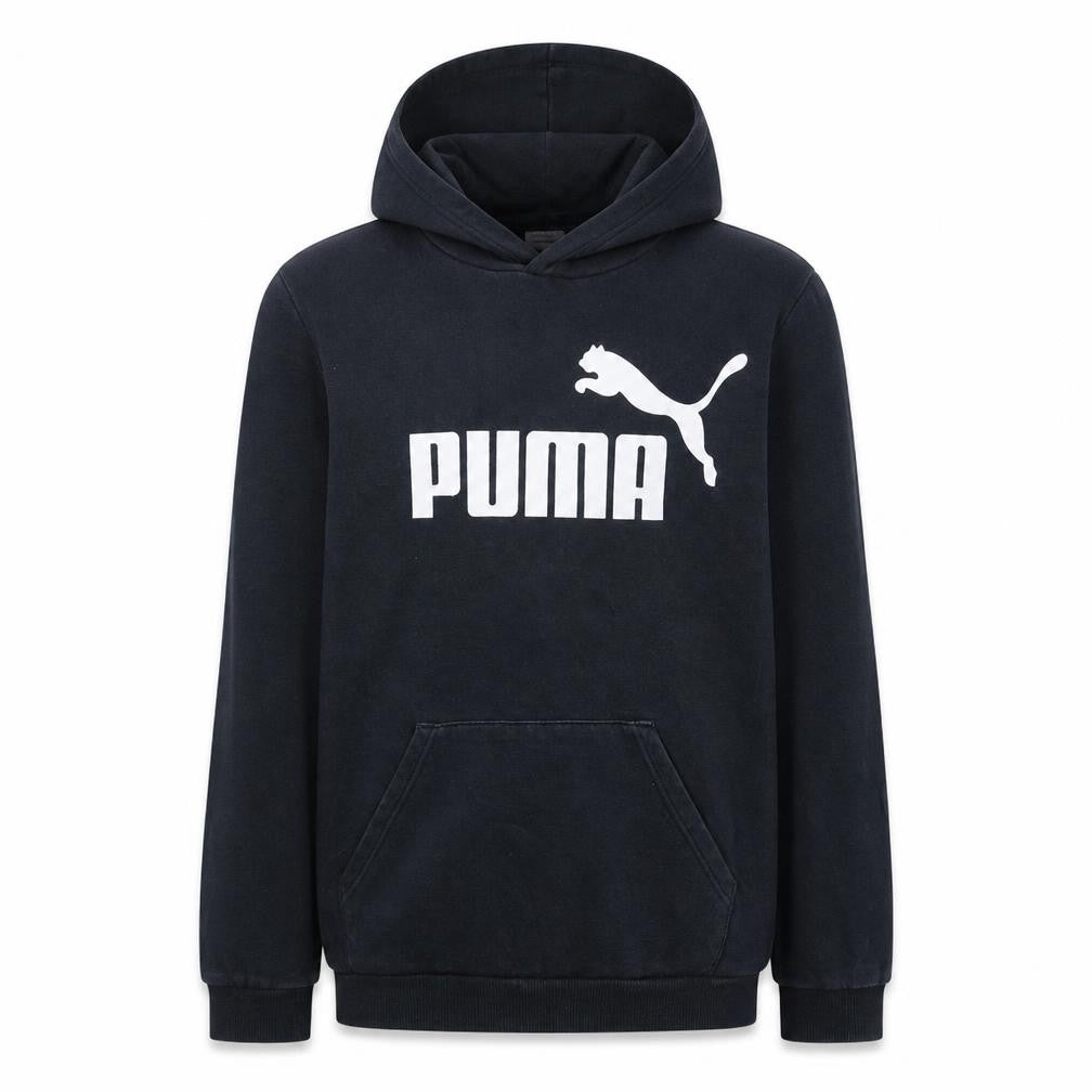 Front view of Puma boys’ black pullover hoodie 15-16 years logo print cotton blend