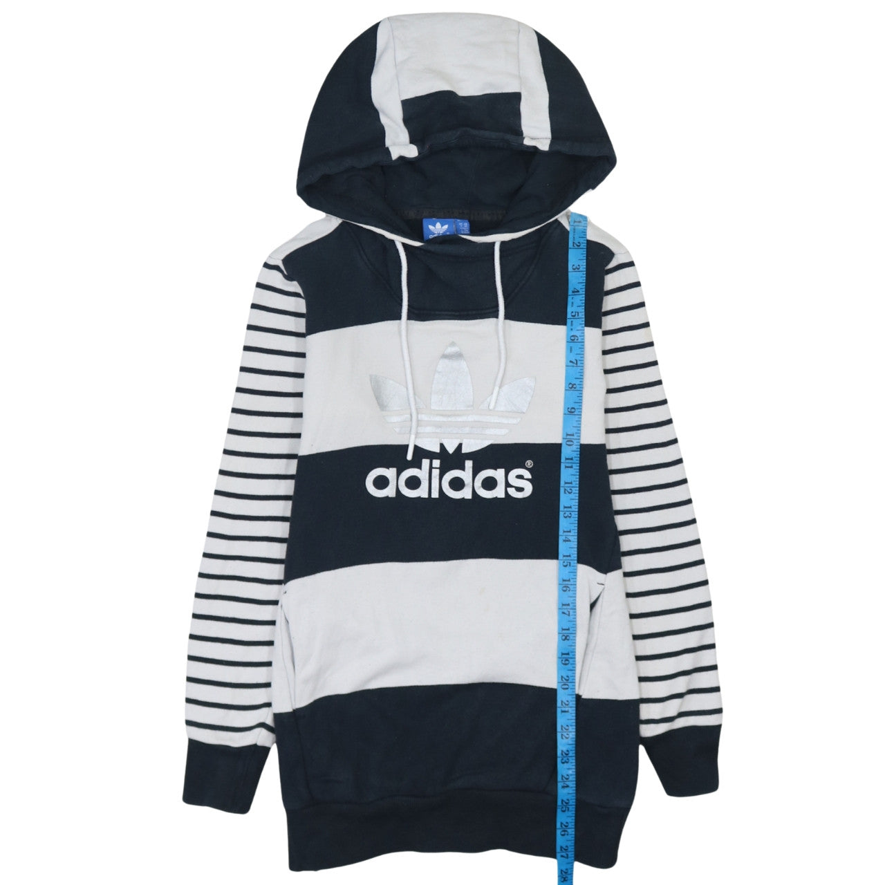 Adidas Womens Navy White Striped Pullover Hoodie UK 6 Cotton Blend