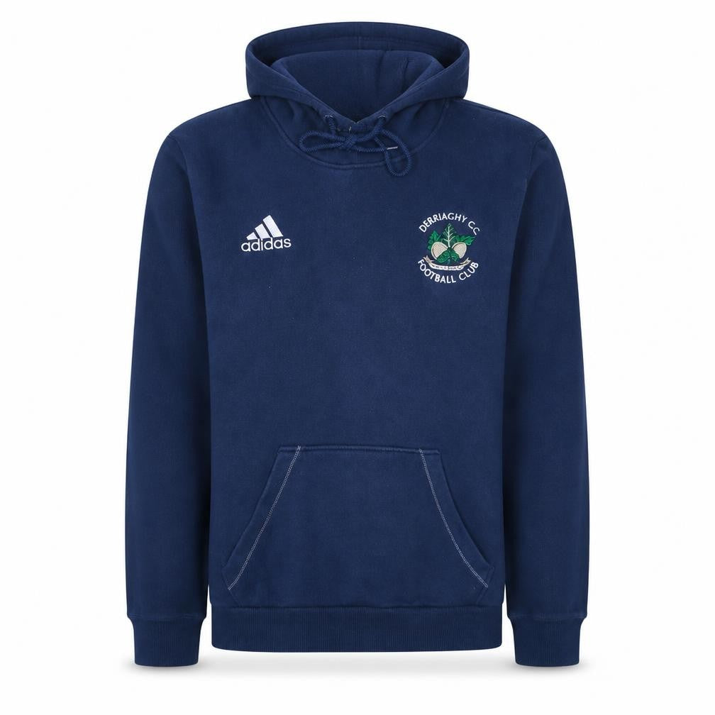 Front view of Adidas men’s blue pullover hoodie, size S, regular fit sports embroidered