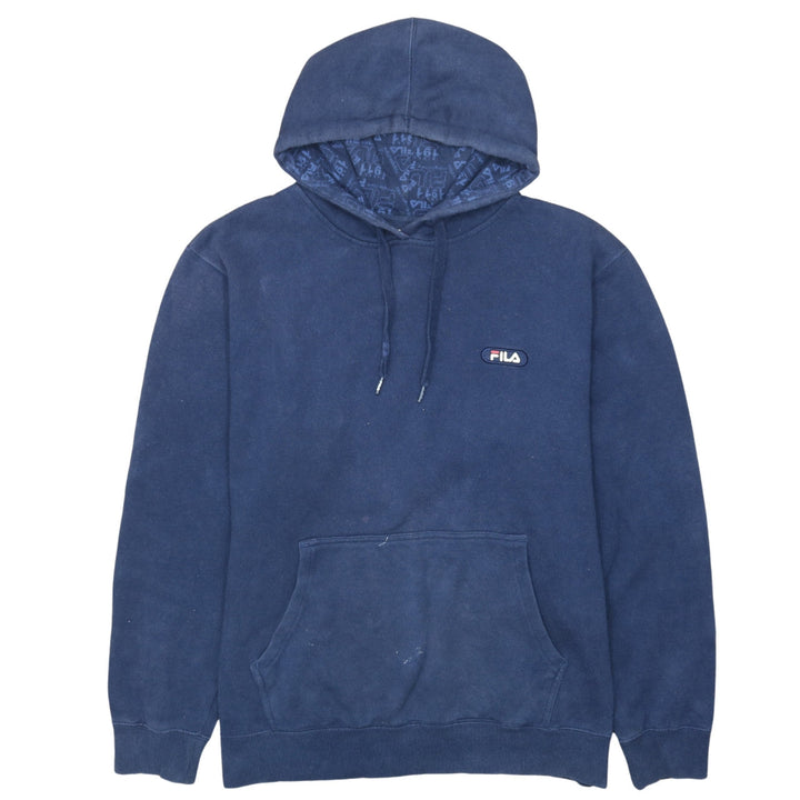 FILA Mens Blue Pullover Hoodie Size L Logo Sports Fleece