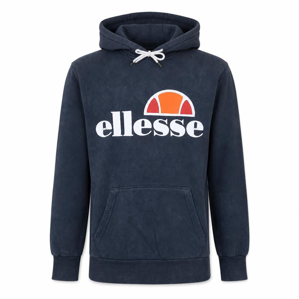 Front view of Ellesse men’s blue pullover hoodie xs logo fleece sweatshirt