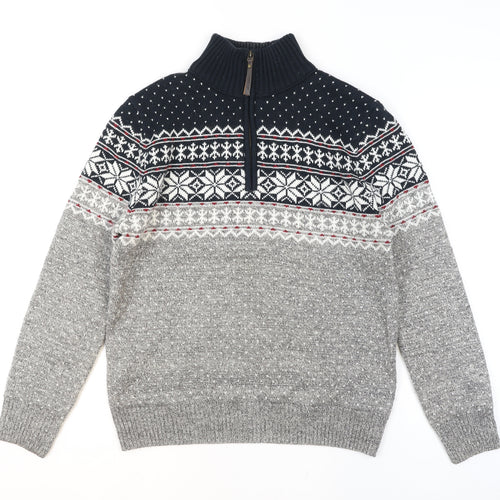 Mantaray Men Grey Fair Isle 1/4 Zip Winter Jumper Size M