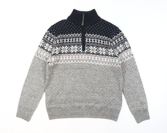 Mantaray Men Grey Fair Isle 1/4 Zip Winter Jumper Size M