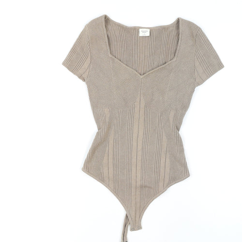Abercrombie & Fitch Women's Beige Ribbed Knit Sweetheart Neck Bodysuit Size S
