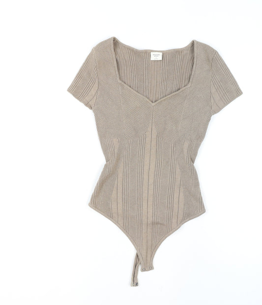 Abercrombie & Fitch Women's Beige Ribbed Knit Sweetheart Neck Bodysuit Size S
