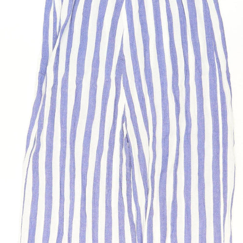 Stradivarius Women Blue White Striped Viscose Wide-Leg Jumpsuit Size 8