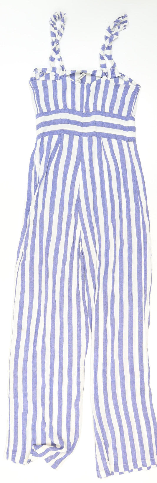 Stradivarius Women Blue White Striped Viscose Wide-Leg Jumpsuit Size 8