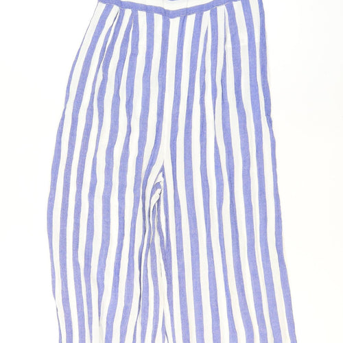 Stradivarius Women Blue White Striped Viscose Wide-Leg Jumpsuit Size 8