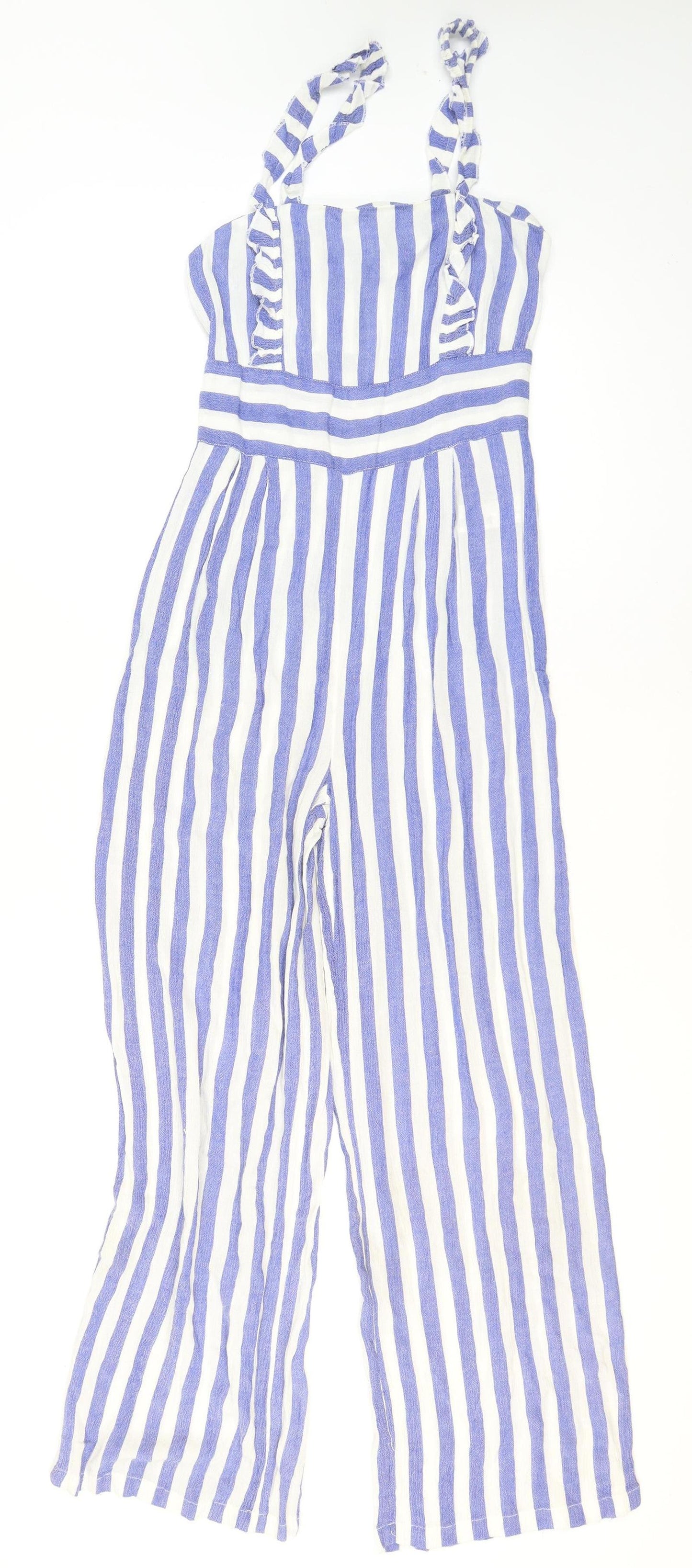 Stradivarius Women Blue White Striped Viscose Wide-Leg Jumpsuit Size 8
