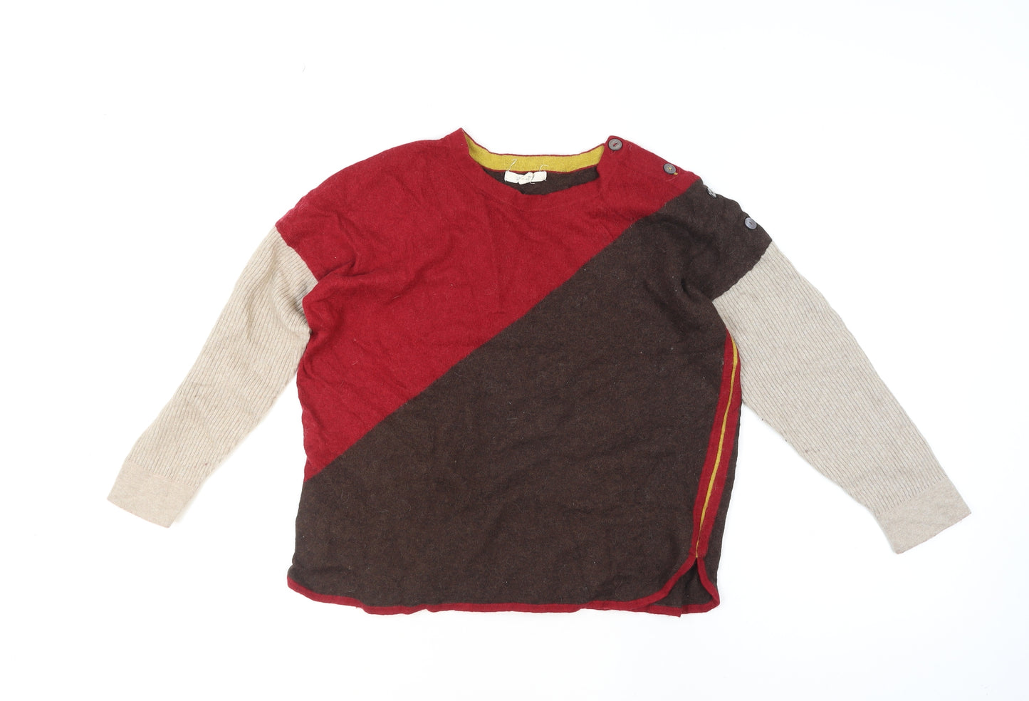 Yarra Stuff Womens Red Brown Beige Colour Block Wool Blend Jumper Size 14