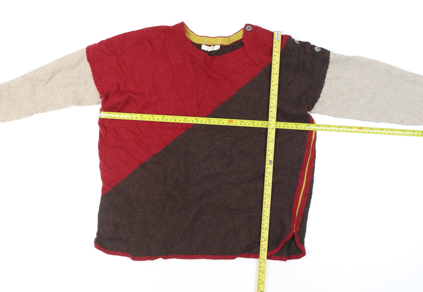 Yarra Stuff Womens Red Brown Beige Colour Block Wool Blend Jumper Size 14