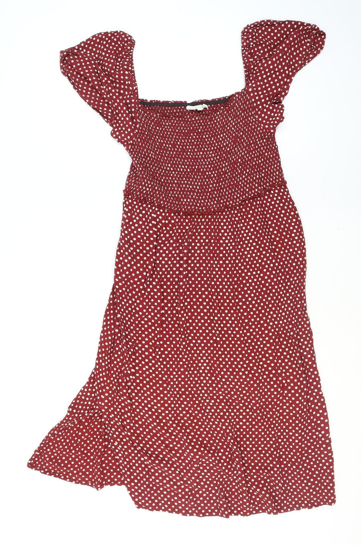 Next Women’s Red Polka Dot Smocked Puff Sleeve Fit & Flare Midi Dress Size 12