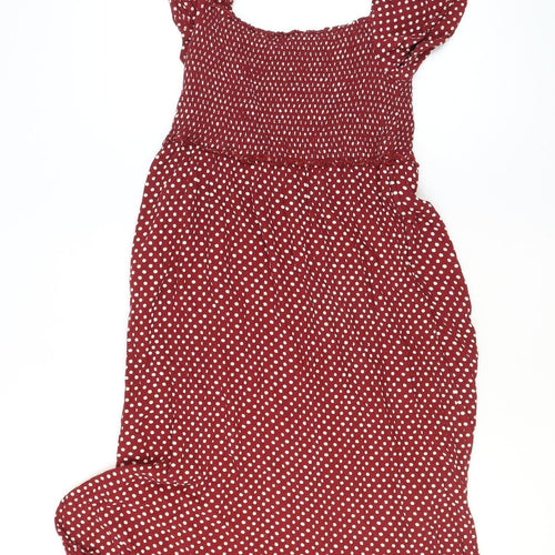 Next Women’s Red Polka Dot Smocked Puff Sleeve Fit & Flare Midi Dress Size 12