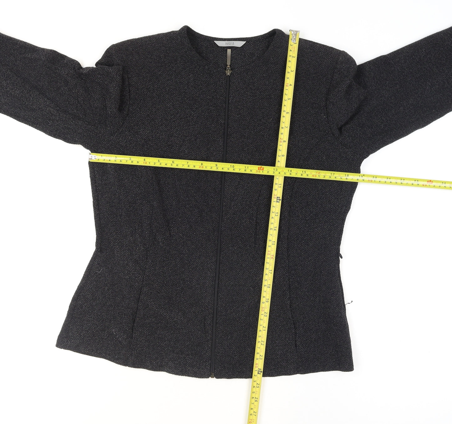 Marks and Spencer Women Black Size 14 Tweed Zip Suit Jacket
