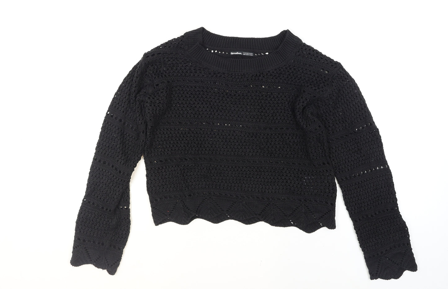 Threadbare Womens Black Open-Knit Crochet Jumper Size 10