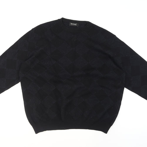 St. Croix Mens Black Wool Argyle Crew Neck Pullover Jumper L