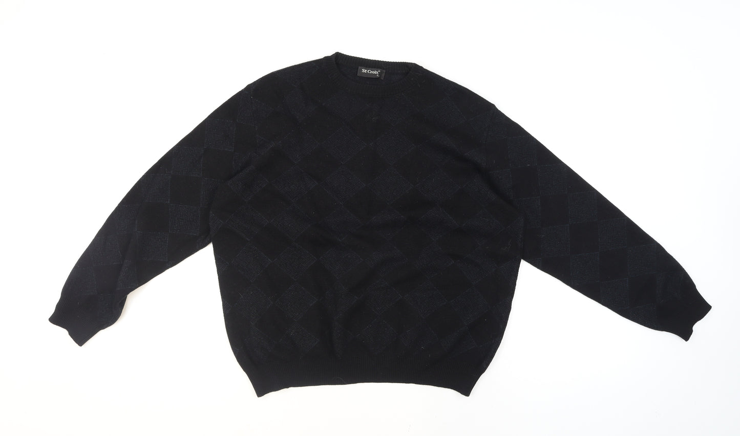 St. Croix Mens Black Wool Argyle Crew Neck Pullover Jumper L