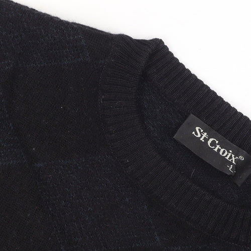 St. Croix Mens Black Wool Argyle Crew Neck Pullover Jumper L