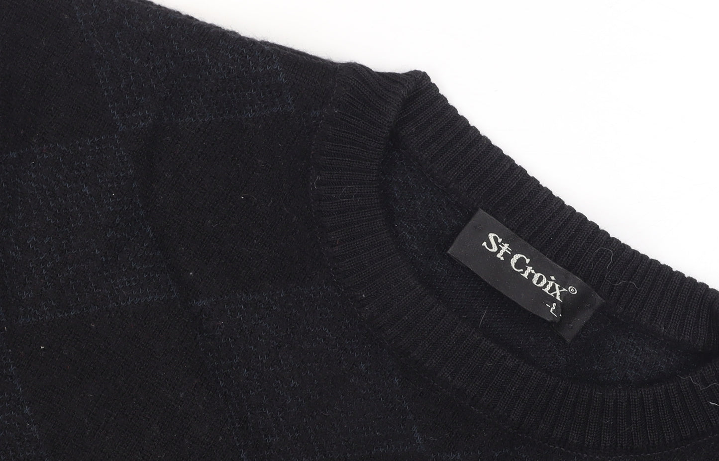 St. Croix Mens Black Wool Argyle Crew Neck Pullover Jumper L
