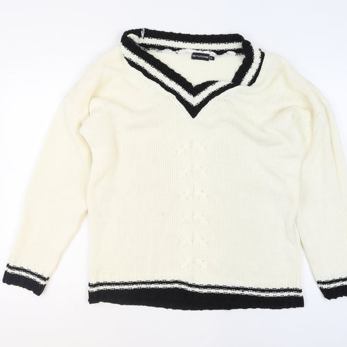 PrettyLittleThing Women Ivory V-Neck Knit Jumper Size S