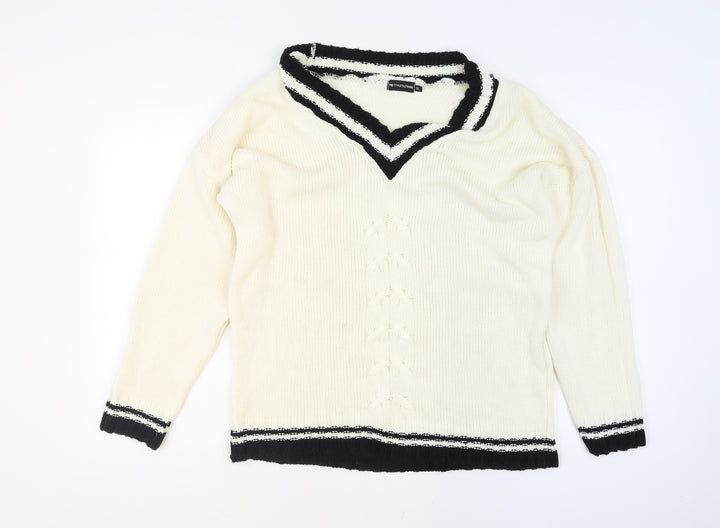 PrettyLittleThing Women Ivory V-Neck Knit Jumper Size S