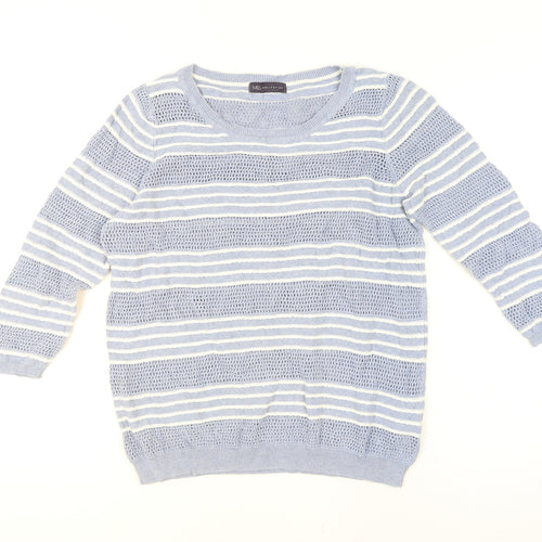 Marks and Spencer Women Blue Striped Cotton Open-Knit Jumper Size 16