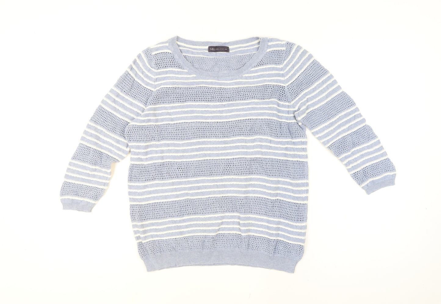 Marks and Spencer Women Blue Striped Cotton Open-Knit Jumper Size 16