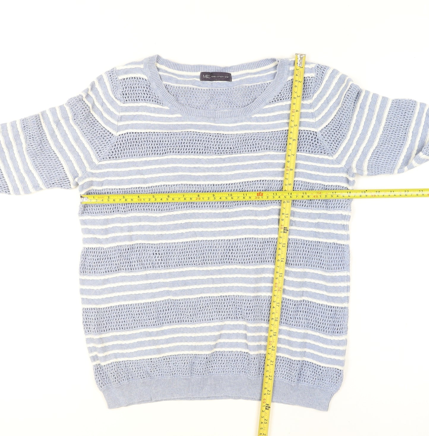 Marks and Spencer Women Blue Striped Cotton Open-Knit Jumper Size 16