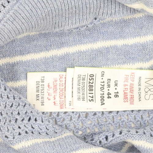 Marks and Spencer Women Blue Striped Cotton Open-Knit Jumper Size 16