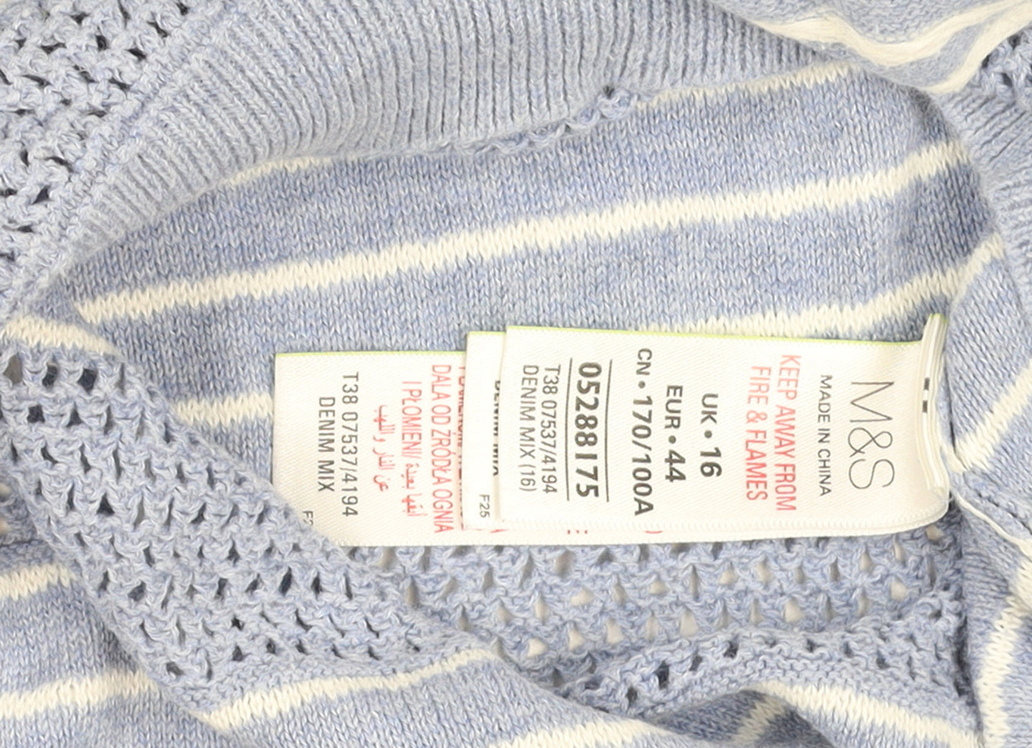 Marks and Spencer Women Blue Striped Cotton Open-Knit Jumper Size 16