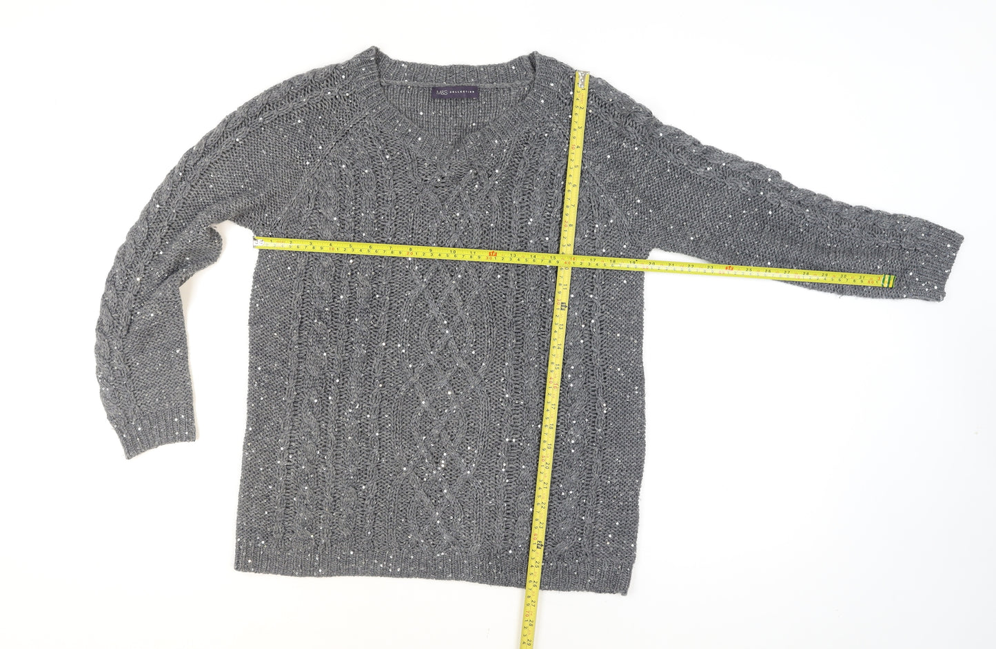 Marks and Spencer Women’s Grey Sequin Cable-Knit Jumper Size 16