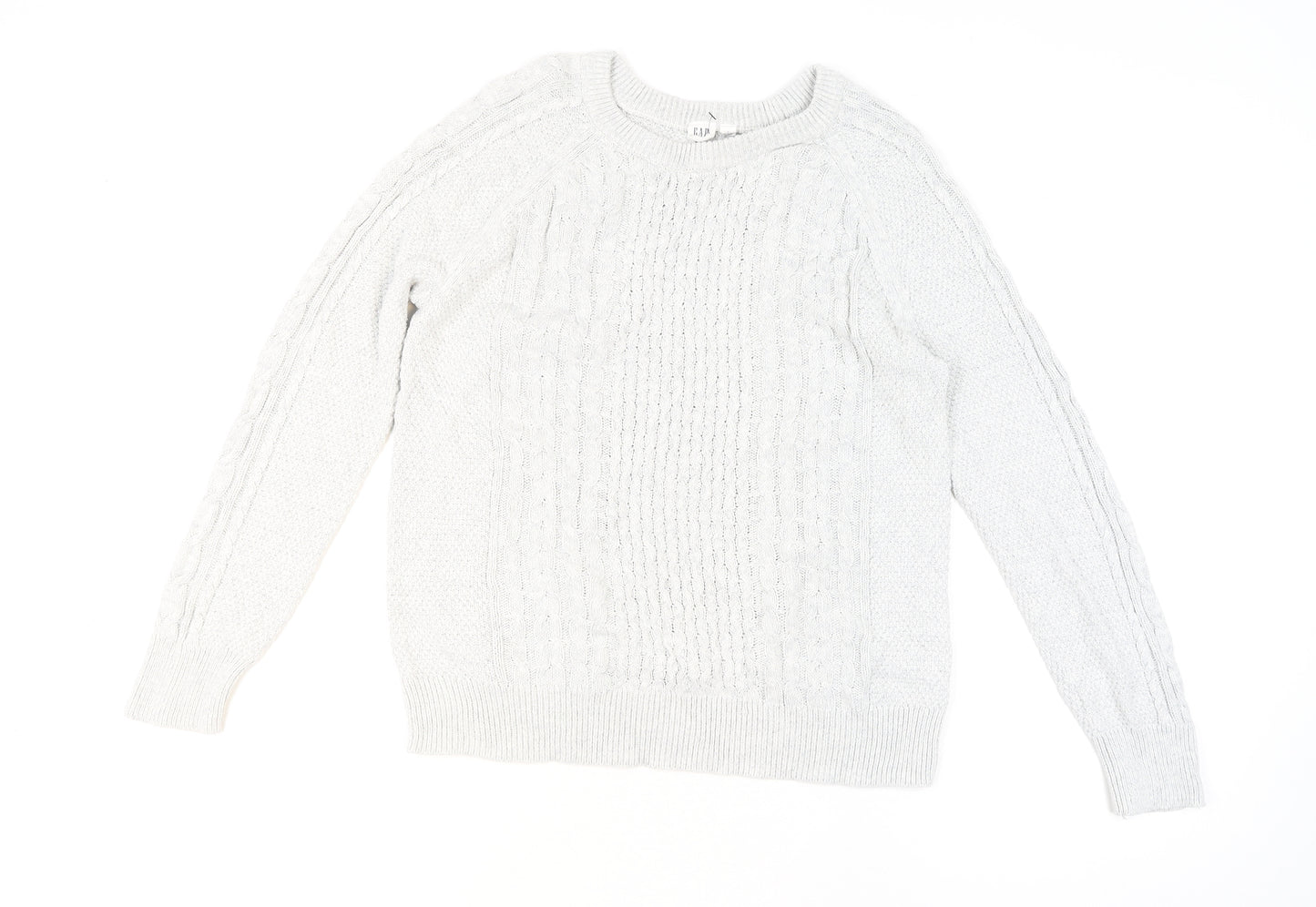 GAP Men's Grey Cable-Knit Cotton Crew Neck Jumper Size L