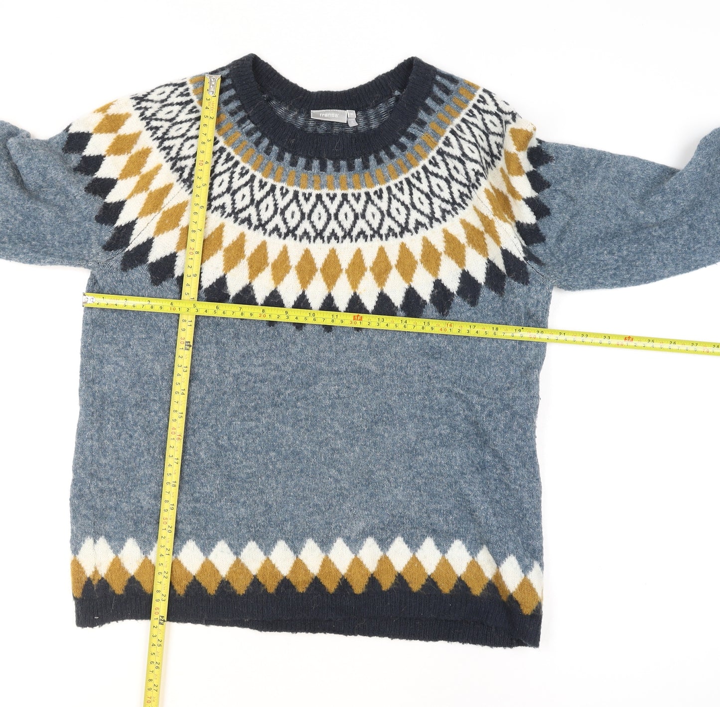 Fransa Men's Blue Fair Isle Knit Wool Blend Pullover Jumper M