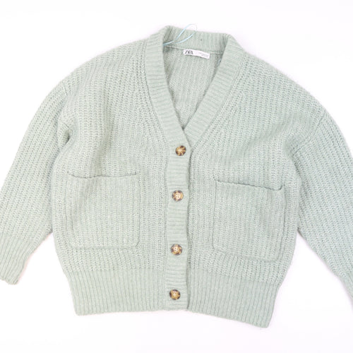 Zara Women Green Knit Chunky V-Neck Cardigan Size M