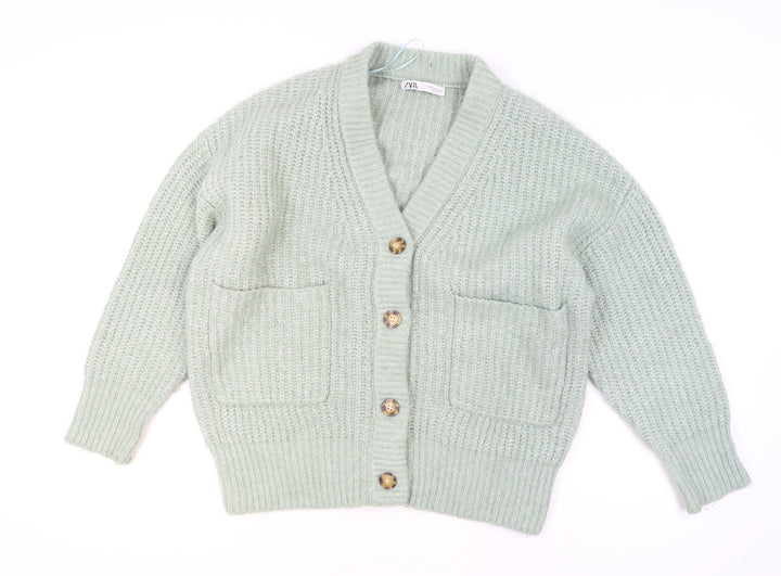 Zara Women Green Knit Chunky V-Neck Cardigan Size M