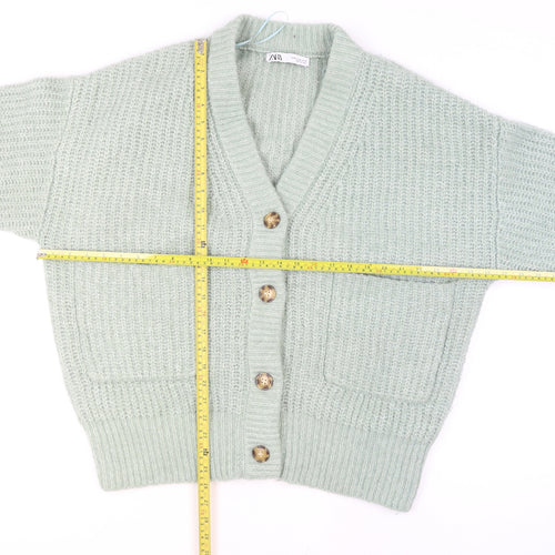 Zara Women Green Knit Chunky V-Neck Cardigan Size M