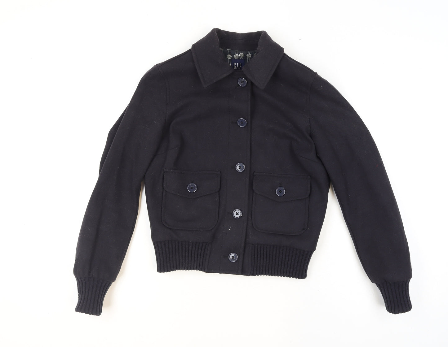 GAP Women’s Black Wool Bomber Jacket XS Classic Button Front