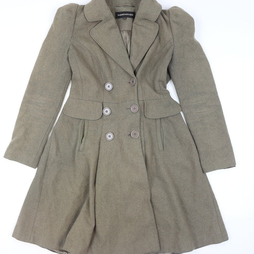 Warehouse Women's Brown Wool Trench Coat UK 12 Long Sleeve Belted