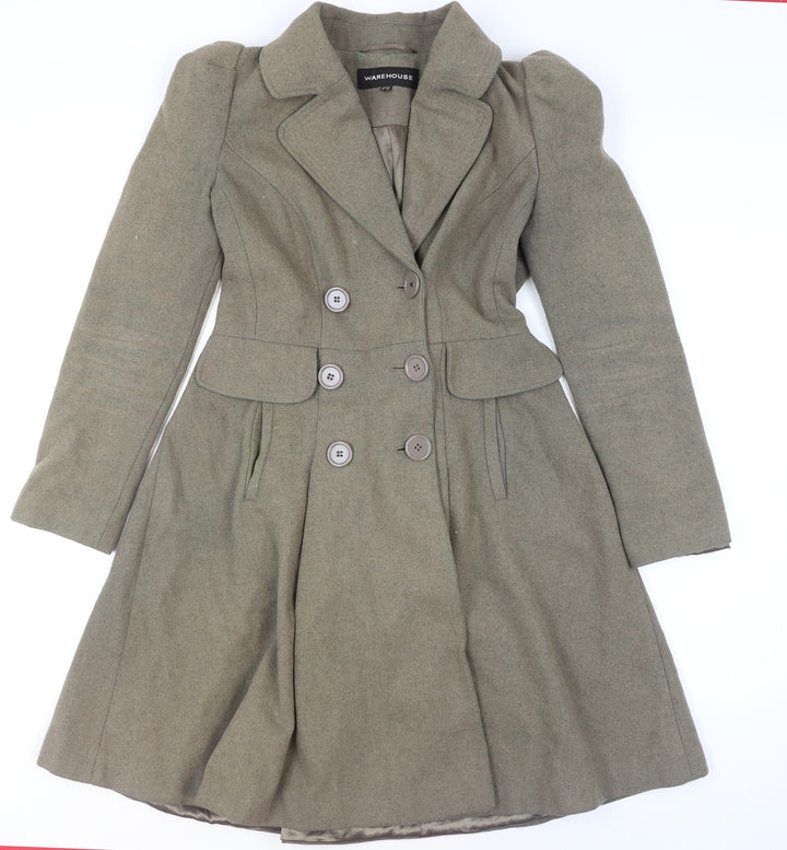 Warehouse Women's Brown Wool Trench Coat UK 12 Long Sleeve Belted