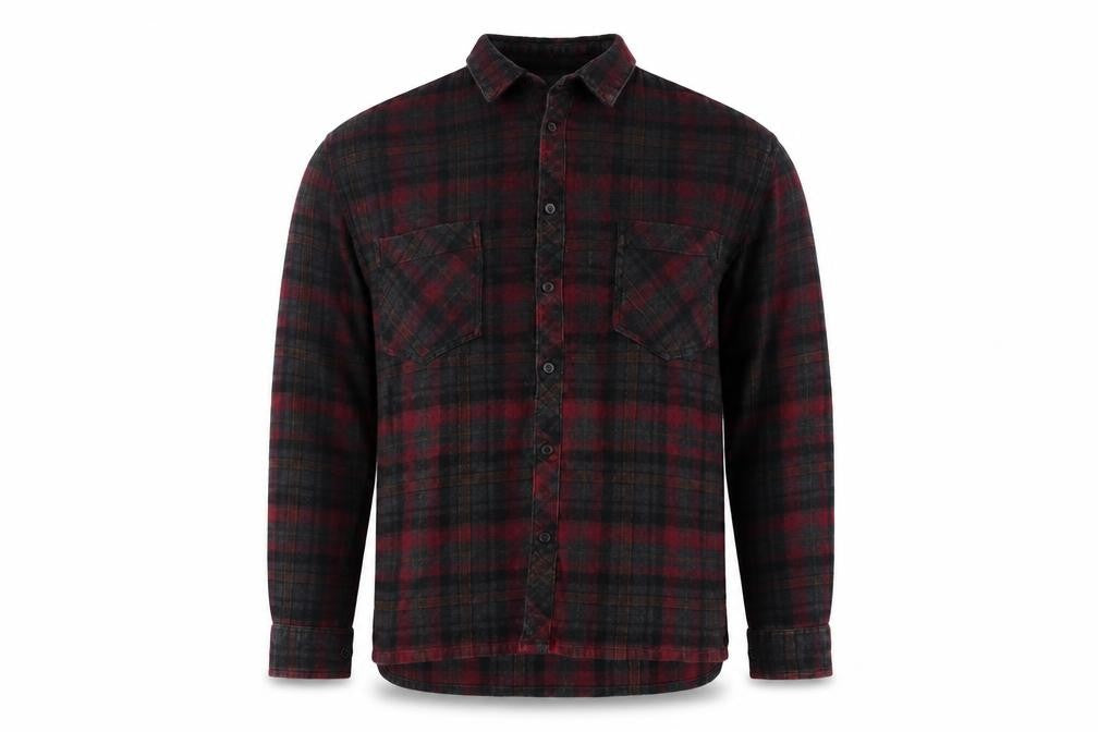 Front view of Menace Men's Red Black Check Flannel Button-Up Shirt M